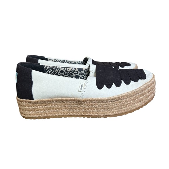 TOMS Valencia Espadrille Platform Slip-on Shoes Natural Canvas Black Womens Sz 7 - Picture 3 of 11